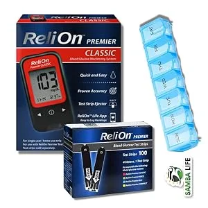 Relion Lancing Device Bundled with ReliOn 30G Ultra Thin Lancets 100 ct and Pill Organizer by Samba Life - Relion Premier Classic