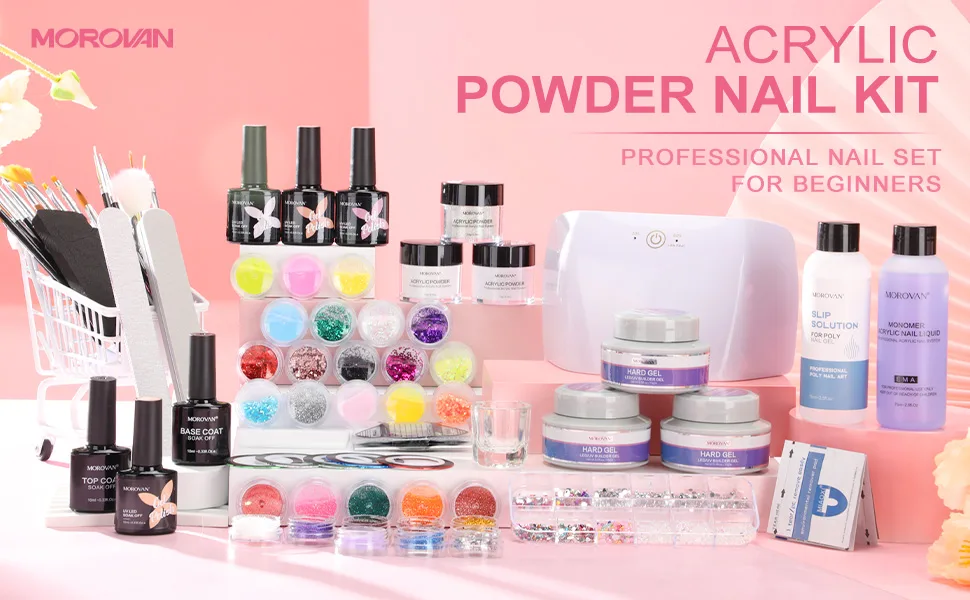 Morovan Acrylic Nail Kit Set with Everything  48W LED Nail Lamp for Builder Gel Nail Polish with Manicure Tool  Acrylic Powder Set for Beginner with Monomer Liquid Slip Solution and Acrylic Brushes - product information 1