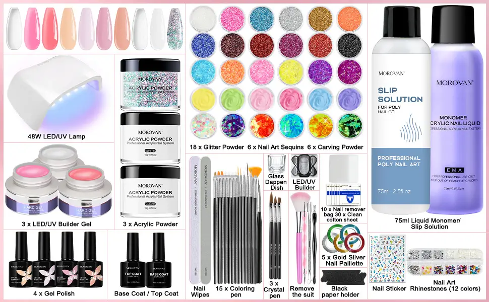 Morovan Acrylic Nail Kit Set with Everything  48W LED Nail Lamp for Builder Gel Nail Polish with Manicure Tool  Acrylic Powder Set for Beginner with Monomer Liquid Slip Solution and Acrylic Brushes - product information 2