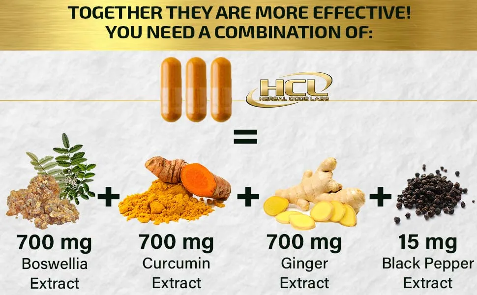Boswellia Curcumin Ginger Extracts Supplement   Strong 95% Curcuminoids Natural Joint Support Pills   Extra Strength Boswelia with Turmeric Curcumin & Organic Ginger Supplement - boswellia turmeric curcumin ginger black pepper extract capsules hcl herbal code labs