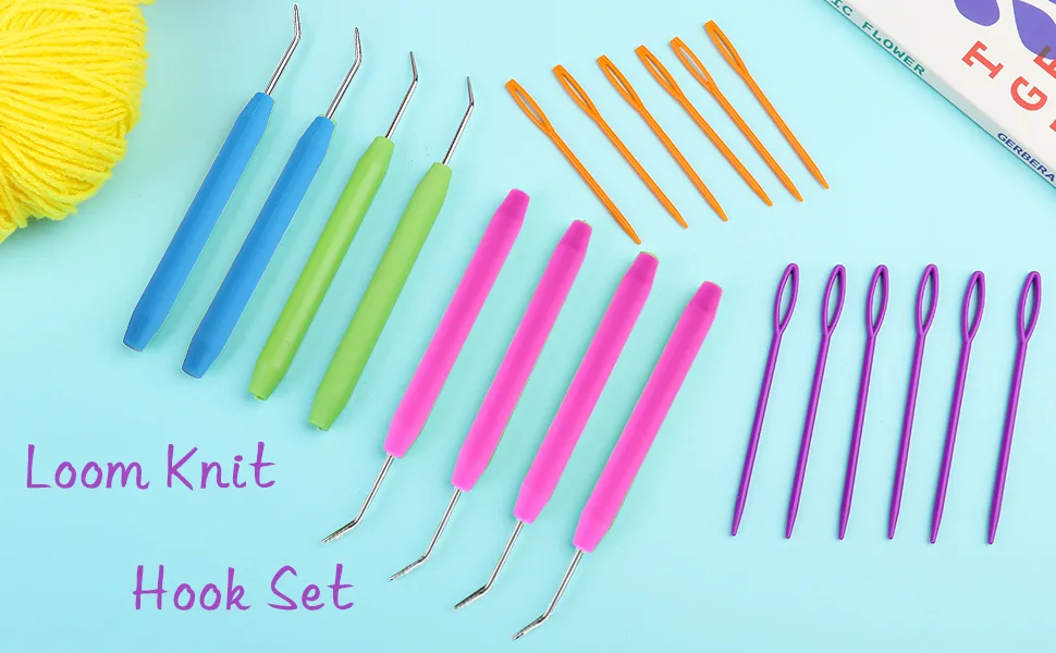 Loom Knit Hook Set  Crochet Needle Hook Kit  8 Pcs Pink Knitting Loom Hook with 12 Pcs Colorful Plastic Sewing Needles for Knitting Looms Knitting Boards - loom knit hooks