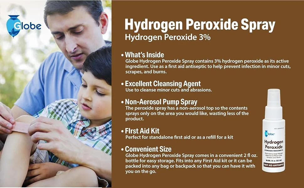 Globe Hydrogen Peroxide 3% First Aid Antiseptic Topical Solution USP Spray Bottle  2 Fl. Oz Convenient Pump Spray Bottle - HYDROGEN PEROXIDE