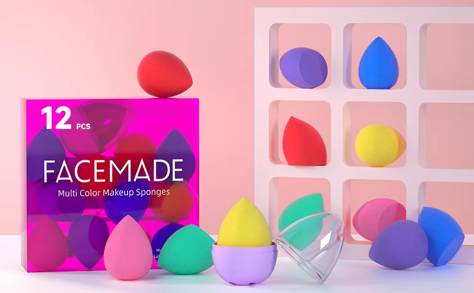 FACEMADE 12 PCS Makeup Sponge Set and 1 Sponge Holder  Makeup Sponges for Foundation  Beauty Sponge Set with Basic Colors  Face Sponges for Liquid  Cream and Powder - makeup sponges