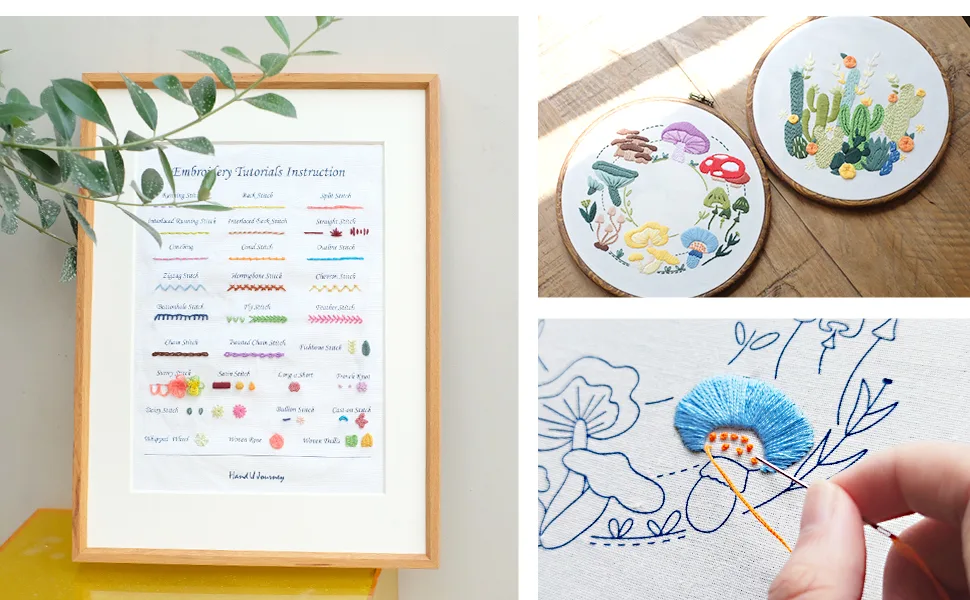 HAND U JOURNEY Basic Embroidery Stitch Kit: Perfect for Beginners with 28 Different Stitches and a Mushroom Embroidery Set Basic kit-02 - Basic Embroidery kit