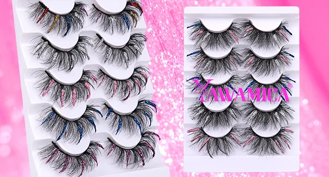 False Eyelashes Colored Glitter Mink Lashes Fluffy Full Dramatic Fake Lashes for Christmas Costumes 4 Styles 5 Pairs by Yawamica G01 - lashes 2