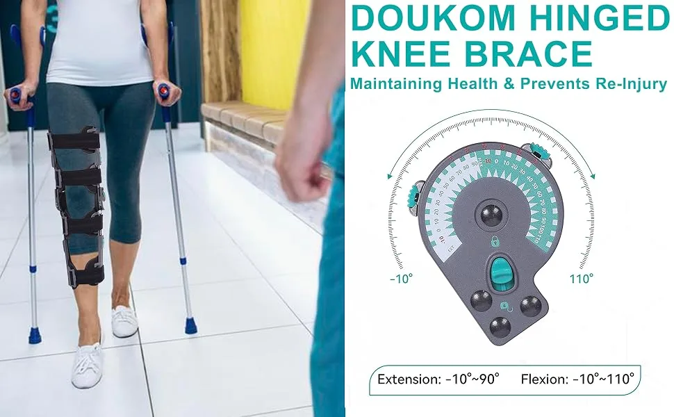 DOUKOM Hinged Knee Brace  Post Op ROM Adjustable Recovery Support for ACL  PCL  MCL  Meniscus Tear & Arthritis  Orthopedic Guard Immobilizer Stabilizer One Size - DUOKOM HINGED KNEE BRACE