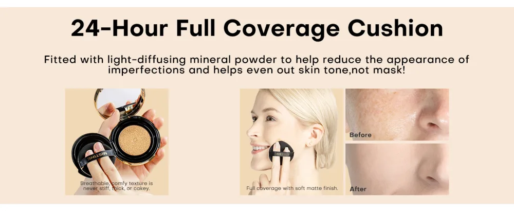 MISTINE Cushion Foundation Makeup Impeccable Full Coverage with Airy Matte Finish Long-Lasting Oil Control Cushion Compact 75% Essence Compact Foundation for Oily Skin Refill Included Ivory Ivory-For Oily Skin - cushion compact