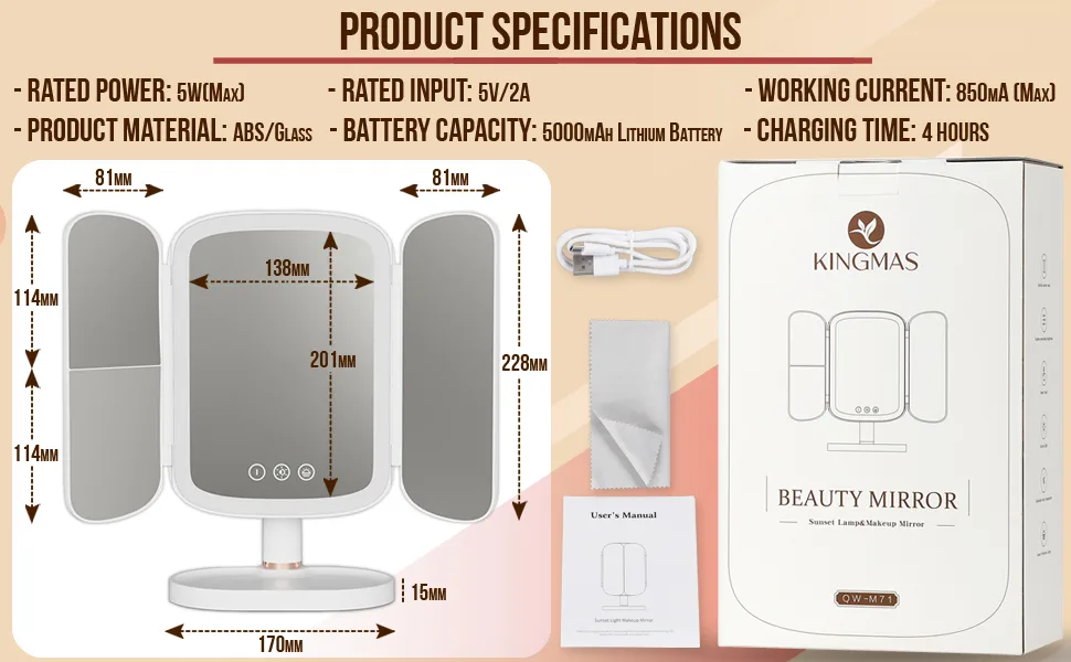 KINGMAS Lighted Makeup Mirror Vanity Mirror and Sunset Lamp  1x 2X 3X Magnification  Makeup Mirror with Lights  Touch Control  Rechargeable 5000mAh  Portable LED Makeup Mirror  Women Gift - product information 20