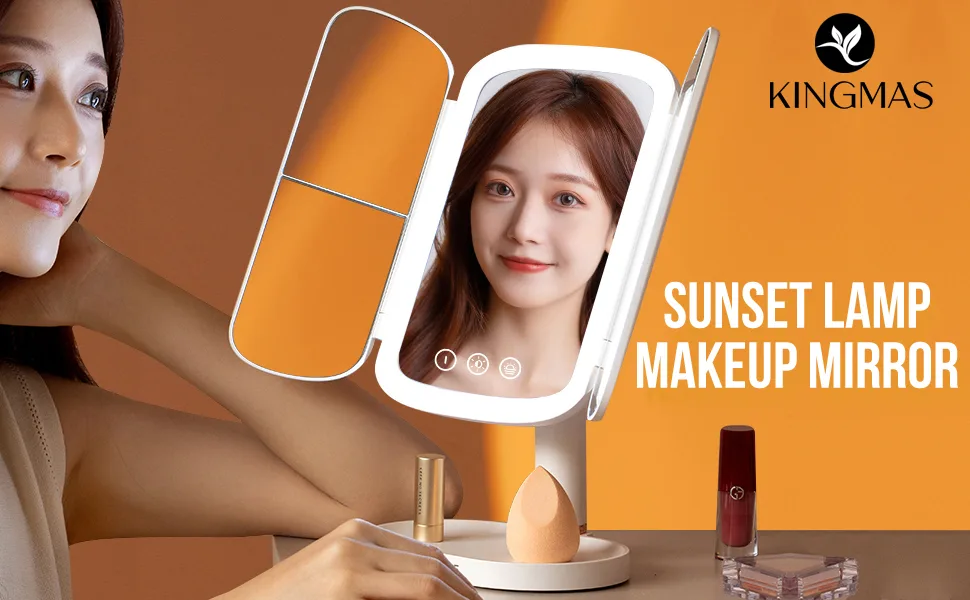 KINGMAS Lighted Makeup Mirror Vanity Mirror and Sunset Lamp  1x 2X 3X Magnification  Makeup Mirror with Lights  Touch Control  Rechargeable 5000mAh  Portable LED Makeup Mirror  Women Gift - Makeup Mirror Vanity Mirror with Lights 1