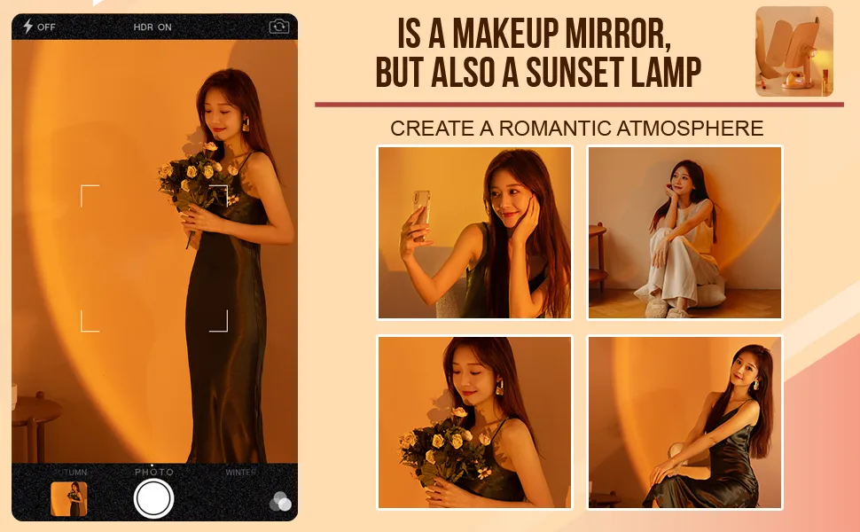 KINGMAS Lighted Makeup Mirror Vanity Mirror and Sunset Lamp  1x 2X 3X Magnification  Makeup Mirror with Lights  Touch Control  Rechargeable 5000mAh  Portable LED Makeup Mirror  Women Gift - Makeup Mirror Vanity Mirror with Lights 3