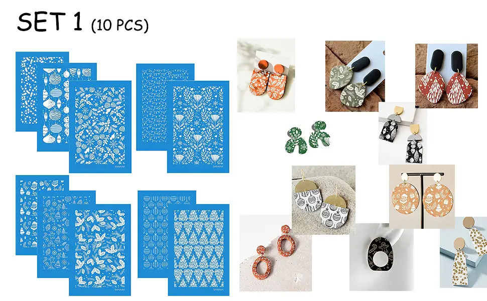 SANAAA Silk Screen Stencils for Polymer Clay  10 Pieces of Silk Screen for Earrings Making Stencils Transfer DIY Crafts Printing SET ONE - product information 1