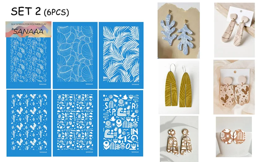 SANAAA Silk Screen Stencils for Polymer Clay  10 Pieces of Silk Screen for Earrings Making Stencils Transfer DIY Crafts Printing SET ONE - product information 2