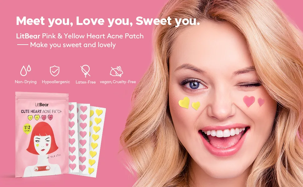 LitBear Acne Patch Pimple Patch  Pink & Yellow Heart Shaped Acne Absorbing Cover Patch  Hydrocolloid Acne Patches For Face Zit Patch Acne Dots  Tea Tree Oil + Centella  112 Patches  14mm & 10mm - acne patches