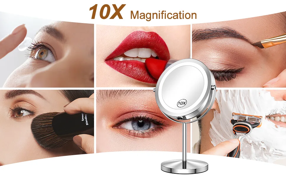 Benbilry LED Makeup Mirror with Lights and Magnification  1x/10x Magnifying Lighted Magnifying Vanity Mirror  Dual Power Supply 360  Swivel Standing Shaving Mirror Bathroom Light Up Mirror (Silver) - 23568941