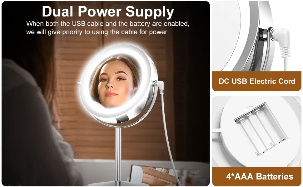 Benbilry LED Makeup Mirror with Lights and Magnification  1x/10x Magnifying Lighted Magnifying Vanity Mirror  Dual Power Supply 360  Swivel Standing Shaving Mirror Bathroom Light Up Mirror (Silver) - *95621