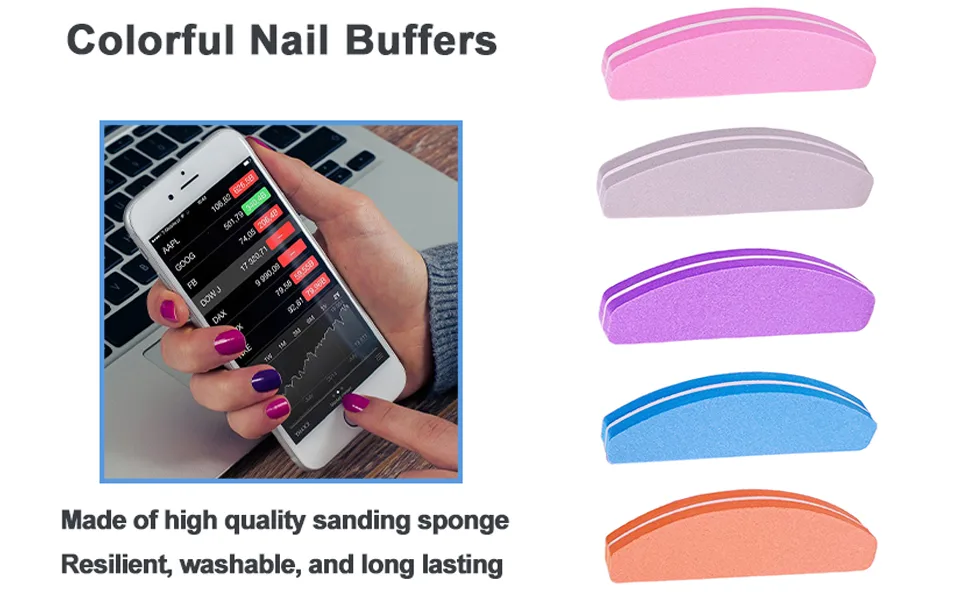 Nail File and Buffer (10 Pcs)  Buffer Block Nail Files Double Sided 100/180 Grit for Acrylic and Natural Nails  fingernail Emery Board Buffing Blocks Manicure Set Nail Care kit Tool Halfmoon Arc - Colorful nail buffers from AhaTopia