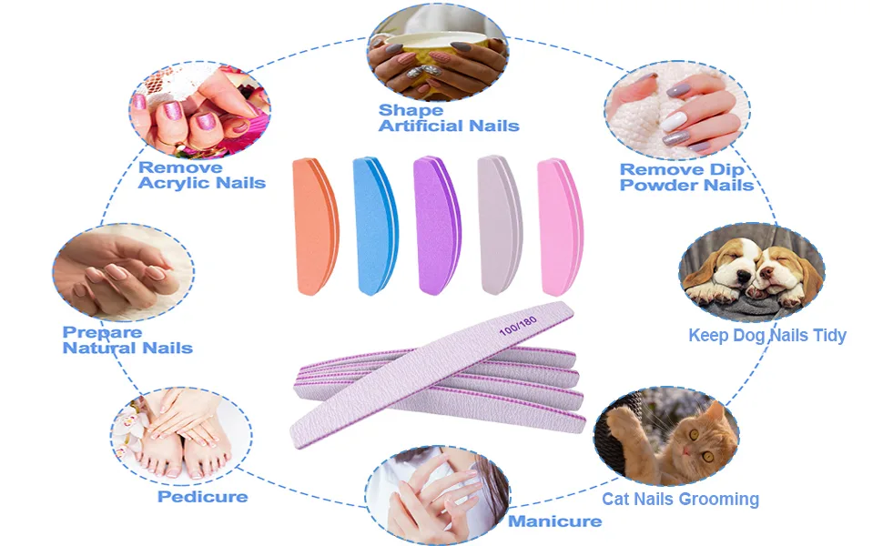 Nail File and Buffer (10 Pcs)  Buffer Block Nail Files Double Sided 100/180 Grit for Acrylic and Natural Nails  fingernail Emery Board Buffing Blocks Manicure Set Nail Care kit Tool Halfmoon Arc - nail files and buffers