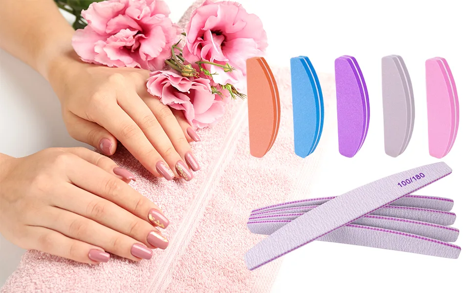 Nail File and Buffer (10 Pcs)  Buffer Block Nail Files Double Sided 100/180 Grit for Acrylic and Natural Nails  fingernail Emery Board Buffing Blocks Manicure Set Nail Care kit Tool Halfmoon Arc - Nail Files and Buffers Set AhaTopia