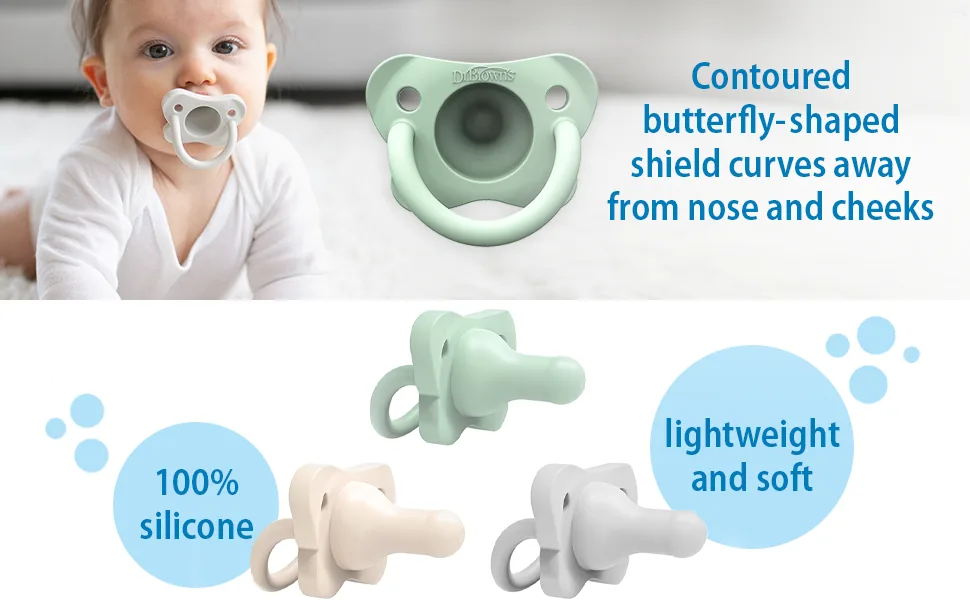 Dr. Brown's Lovey Blanket with Beaded Ring Teether and HappyPaci Silicone One-Piece Pacifier  Green - Butterfly-shaped shield curves away from nose and cheeks - 100% silicone lightweight + soft