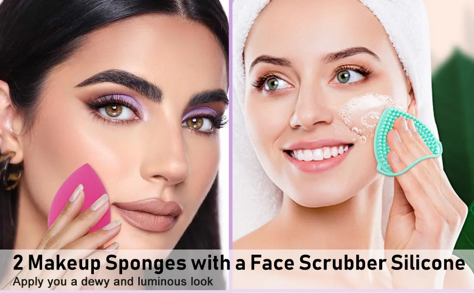 2Pcs Makeup Sponges Foundation Blending Beauty Sponge with Face Scrubber  Dry & Wet Use for Powder Cream or Liquid Application  Multicolor Makeup Blender Set 2 Pcs-A - 2 Makeup Sponge Blender &1 Face Scrubber