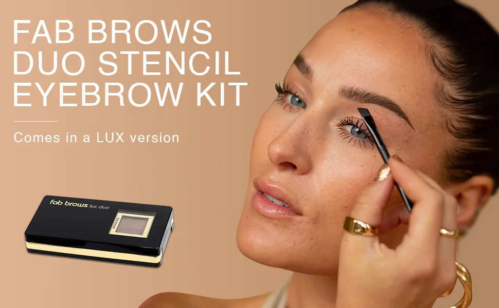 Fab Brows LUX Duo Stencil Eyebrow Kit - Ultimate Brow Stencil Kit with Duo Brow Powder  Highlighter Powder  Stencil Shapes  Eyebrow Tools & Compact Mirror - Eyebrow Stencil Kit - Light Brown/Medium - CREATE GORGEOUS EYEBROW LOOKS WITH FAB BROWS