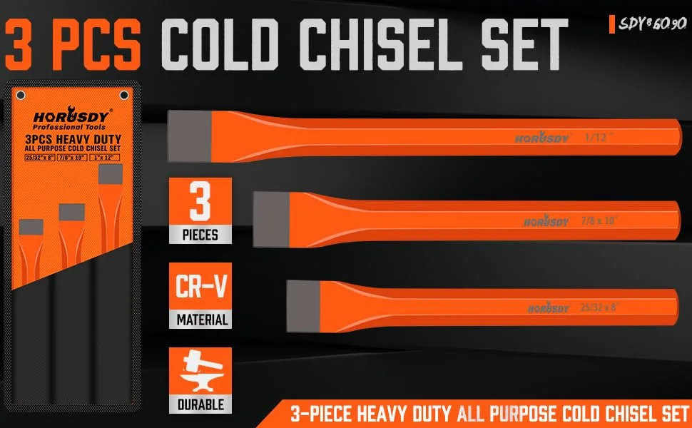 HORUSDY 3-Pieces Heavy Duty Cold Chisels Set  Long 8  10  12  with Roll Pouch  1 in  7/8 in  25/32 in 3-Piece Large - 86090-1