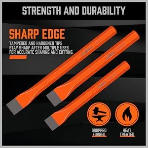 HORUSDY 3-Pieces Heavy Duty Cold Chisels Set  Long 8  10  12  with Roll Pouch  1 in  7/8 in  25/32 in 3-Piece Large - 86090-4