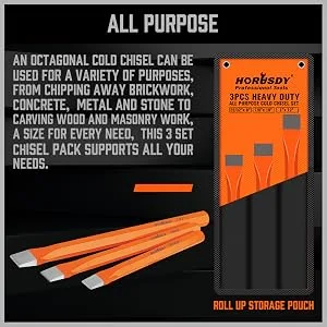 HORUSDY 3-Pieces Heavy Duty Cold Chisels Set  Long 8  10  12  with Roll Pouch  1 in  7/8 in  25/32 in 3-Piece Large - 86090-6