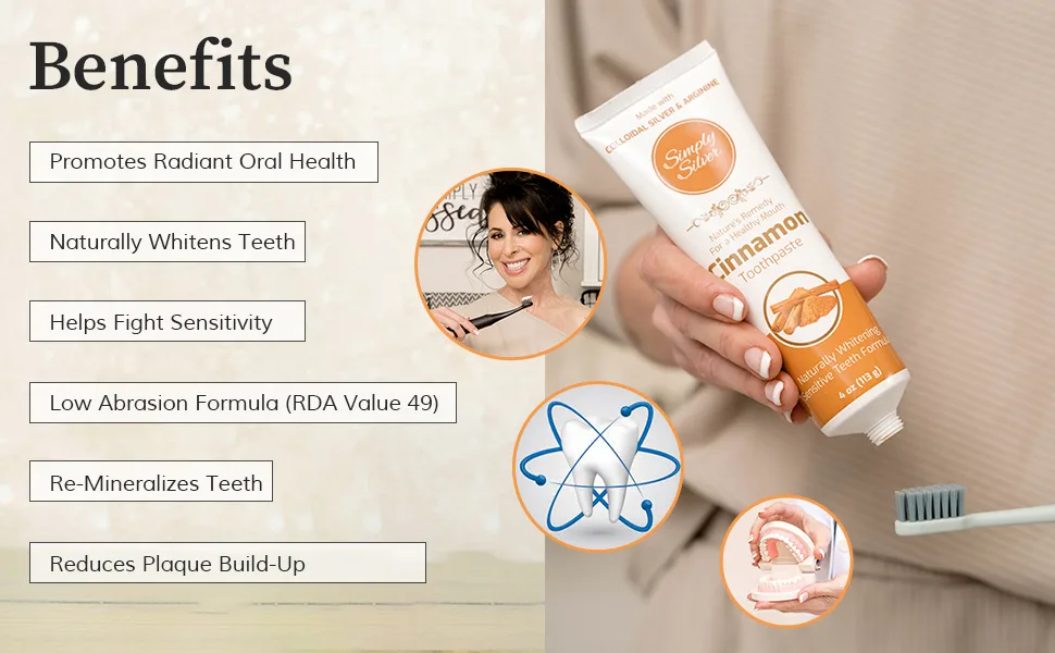 Simply Silver Toothpaste Cinnamon - All Natural Colloidal Silver Formula  SLS & Fluoride Free  Sensitive Teeth  Whitening  4 oz - Benefits