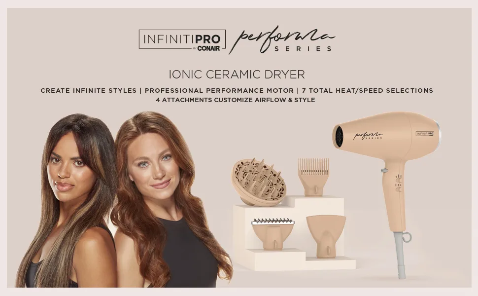 INFINITIPRO by CONAIR Performa Series Hair Dryer with Diffuser Plus 3 Other Attachments  1875W Blow Dryer with Professional Performance Motor - Conair Ionic Ceramic Hair Dryer with 4 attachments for customize airlfow and style