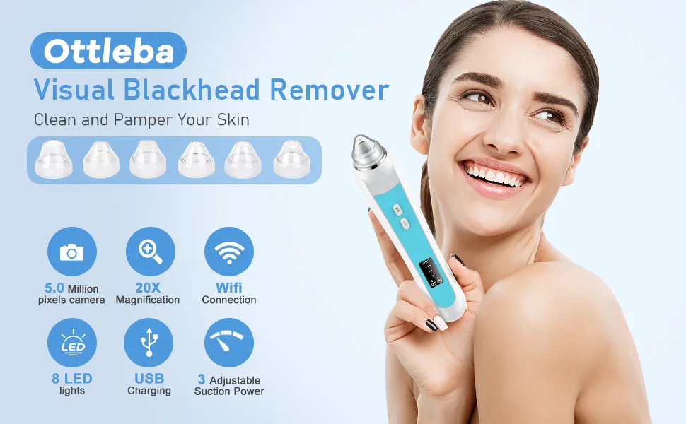 Blackhead Remover Vacuum  Black Head Extractions Tool with Camerafor  USB Interface Type Pore Vacuum  Men and Women Pore Cleaner  6 Suction Heads & 3 Adjustment Modes (Blue) - 4545454
