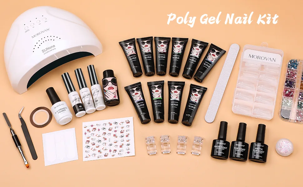 Morovan Poly Gel Nail Kit with U V Lamp 48W - Poly Nail Gel Kit Nail Extension Gel Poly Gel Kits Poly Gel Starter Kit with Everything Nail Art Accessories DIY - PL09