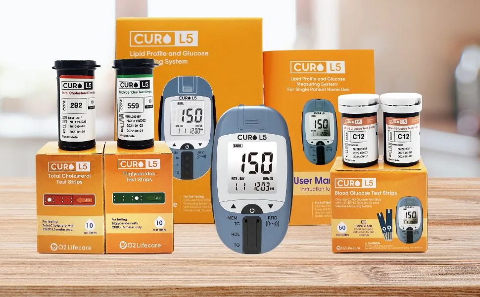 Home Blood Cholesterol Test Kit - CURO L5 Digital Meter - (10 Total Cholesterol Strips & 10 Triglycerides Test Strips and 50 Glucose Test Strips Included) - Overall Kit