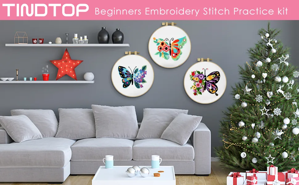 Butterfly Flower Embroidery Stitch Practice kit  3 Sets Beginners Embroidery Kit for Beginners Include Embroidery Cloth Hoops Threads for Craft Lover Hand Stitch with Embroidery Skill Techniques - Beginners embroidery kit