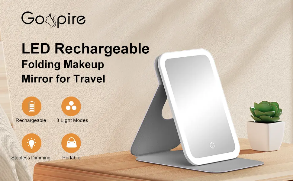 Gospire Foldable LED Travel Makeup Mirror with 60 Led Lights  Rechargeable Compact Mirror with 3 Color Lights & Adjustable Brightness  Lighted Vanity Mirror Folding Travel Mirror with Lights - Purple - product information 9