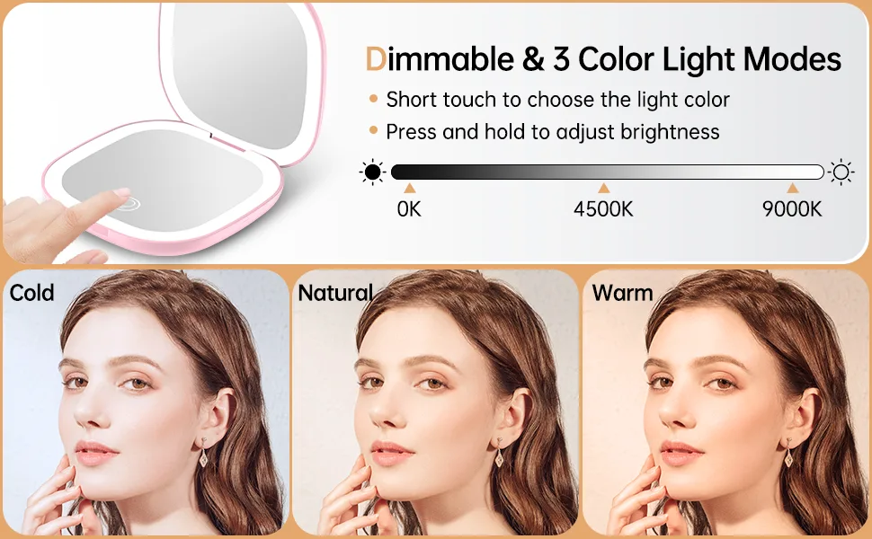 Gospire Rechargeable Travel Makeup Mirror with Lights and Magnification 1X/10X  LED Compact Mirror with 3 Light Colors & Adjustable Brightness  Small Vanity Mirror Handheld for Purses   Pink - product information 10