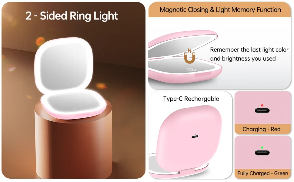 Gospire Rechargeable Travel Makeup Mirror with Lights and Magnification 1X/10X  LED Compact Mirror with 3 Light Colors & Adjustable Brightness  Small Vanity Mirror Handheld for Purses   Pink - product information 11