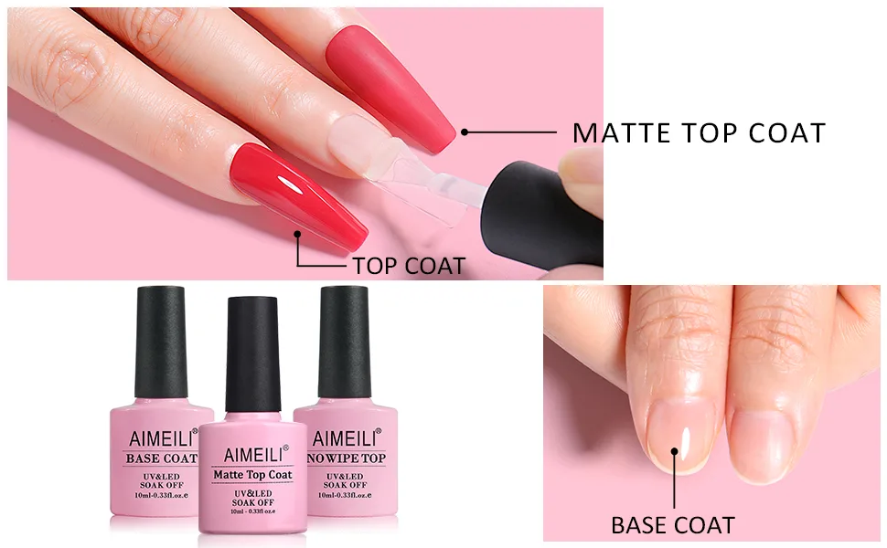 AIMEILI Soak Off U V LED Gel Nail Polish - Base Coat  Matte Top and No Wipe Top Coat Kit Set 10ML - builder gel for nails