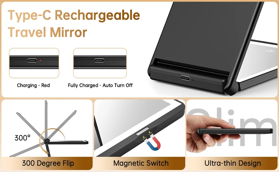 Benbilry LED Lighted Compact Makeup Mirror with Magnetic Switch   1X/3X Magnification & Type-C Rechargeable & Adjustable Brightness & 300  Flip   Portable Travel Mirror Foldable Handheld Mirror Black - 4578541