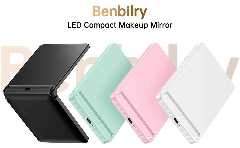 Benbilry LED Lighted Compact Makeup Mirror with Magnetic Switch   1X/3X Magnification & Type-C Rechargeable & Adjustable Brightness & 300  Flip   Portable Travel Mirror Foldable Handheld Mirror Black - 7845412