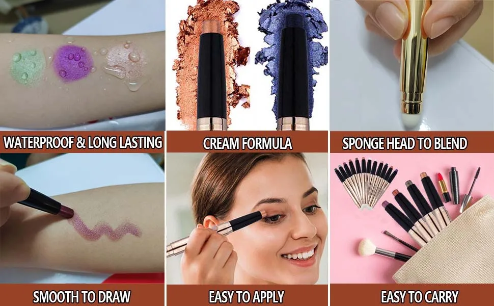 Gold Eyeshadow Stick and Sponge Makeup Brush  2 in1Smooth Cream Eyeshadow (Gold shimme 14) - Eyeshadow Sticks