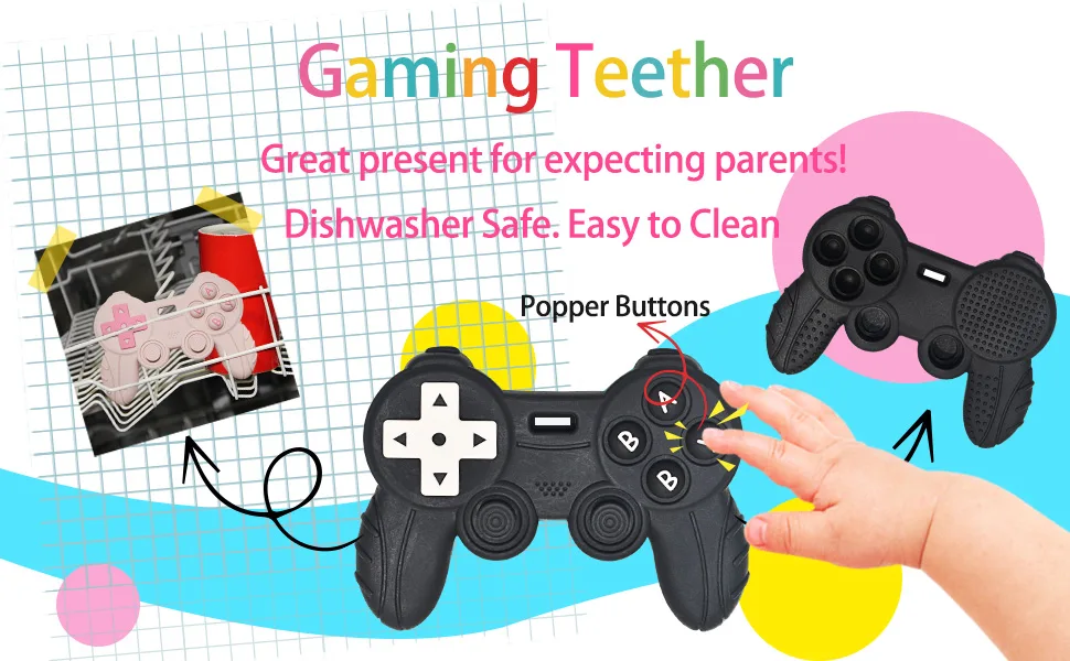BIGSPINACH Baby Game Controller Teether Toy Silicone Teething Toy for Gamer Parents and Future Gamer Kids Cool Gaming Stuff (Blue+Black) - camilla teething straw soothe sticks teething tubes for babies 0-6 months baby teething tubes