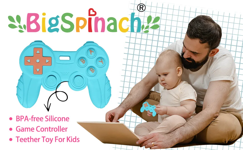 BIGSPINACH Baby Game Controller Teether Toy Silicone Teething Toy for Gamer Parents and Future Gamer Kids Cool Gaming Stuff (Blue+Black) - gamer baby baby video game controller toy baby game controller toybaby controller