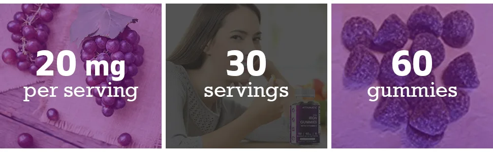 Vitamatic Iron 65 mg Gummies Supplement for Women & Men - 60 Vegan Gummies - Great Tasting Iron Gummy Vitamins with Vitamin C (1) - iron gummies