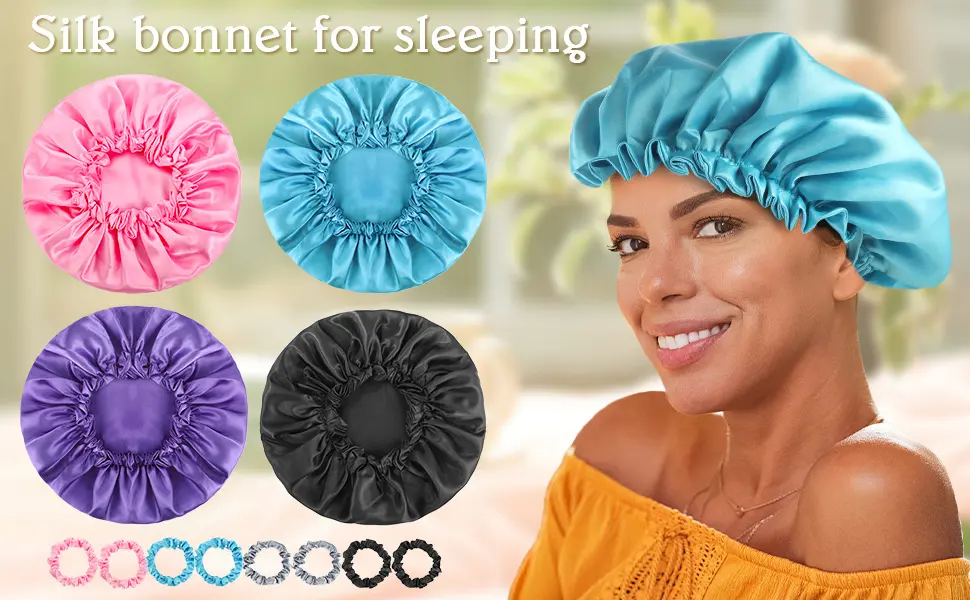 Satin Bonnet Silk Bonnet for Sleeping  Double Layer Hair Bonnet Silk Cap with Satin Scrunchies for Natural and Curly Hair (Pink) - product information 25