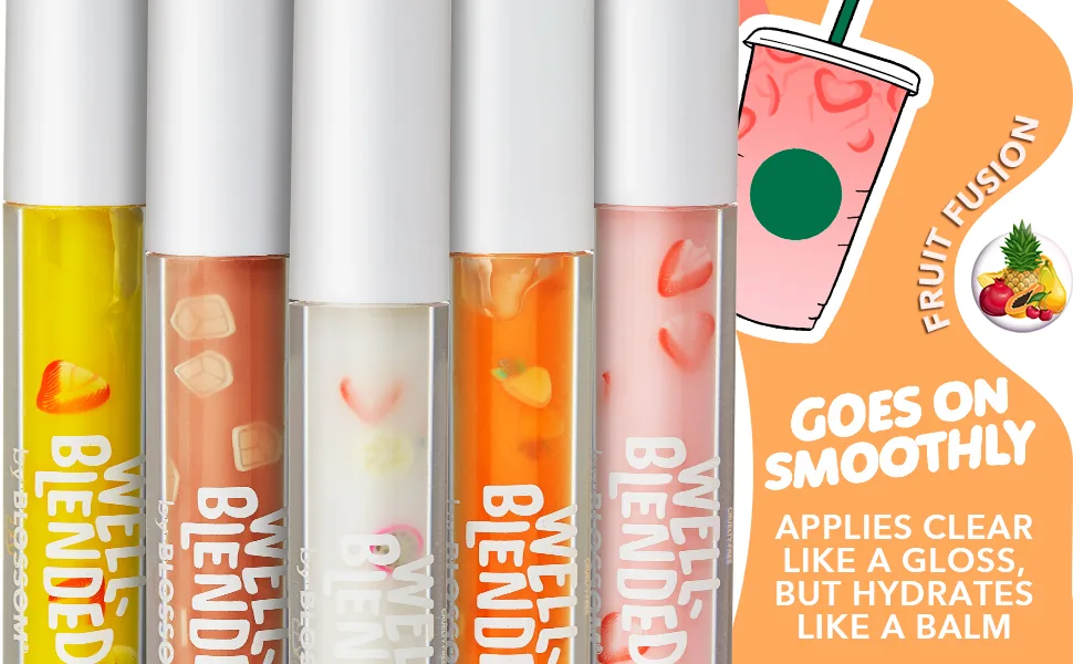 Blossom Well Blended Moisturizing Lip Care Fruit Flavored Smoothie Inspired Hydrating Lip Gloss with Wand Applicator  0.10 fl oz  Just Peachy - fruit fruity scented longlasting shiny glimmer watermelon lip tube lip tint lip stain lip liner