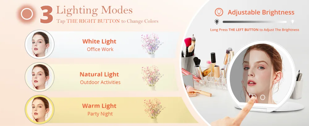 Fabuday Rechargeable Travel Makeup Mirror with Lights - Lighted Make Up Foldable Mirror with 3 Color Lighting  Ultra Thin Light Up Cosmetic Mirror with Bag  Touch Screen Adjustable Brightness LEDs - TRAVEL MIRROR