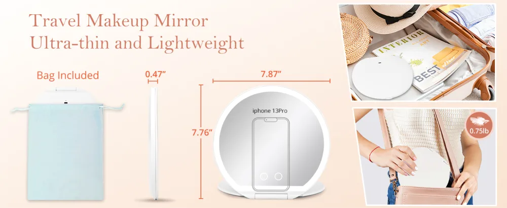 Fabuday Rechargeable Travel Makeup Mirror with Lights - Lighted Make Up Foldable Mirror with 3 Color Lighting  Ultra Thin Light Up Cosmetic Mirror with Bag  Touch Screen Adjustable Brightness LEDs - TRAVEL MIRROR