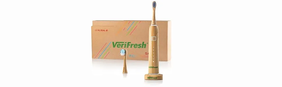 VeriFresh Sonic Bamboo Toothbrush - Biodegradeable Bamboo Heads with Castor Oil bristles - Includes 2 Brush Heads - Replacement Heads Available Separately - VeriFresh bamboo sonic toothbrush