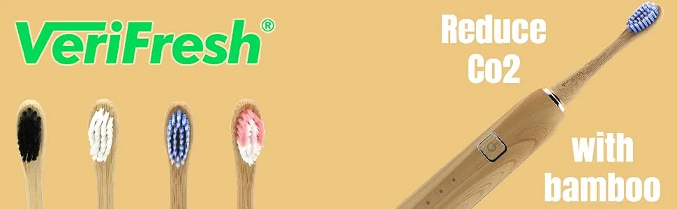 VeriFresh Sonic Bamboo Toothbrush - Biodegradeable Bamboo Heads with Castor Oil bristles - Includes 2 Brush Heads - Replacement Heads Available Separately - VeriFresh Sonic Bamboo Toothbrush
